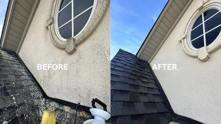 Stucco wall and round window before and after a wash