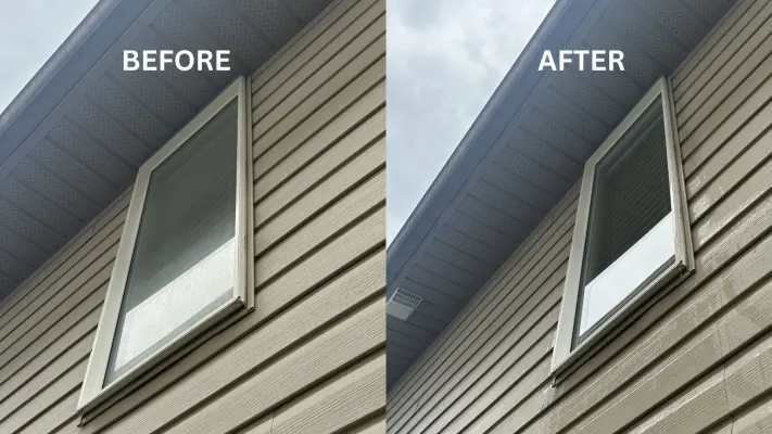 Siding and window frame before and after a wash