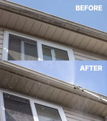 Gutter and soffit before and after cleaning in Kitchener-Waterloo