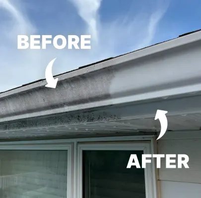 Dirty and clean sections of the same gutter, side by side