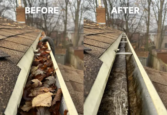 Gutter full of leaves before cleaning and empty after
