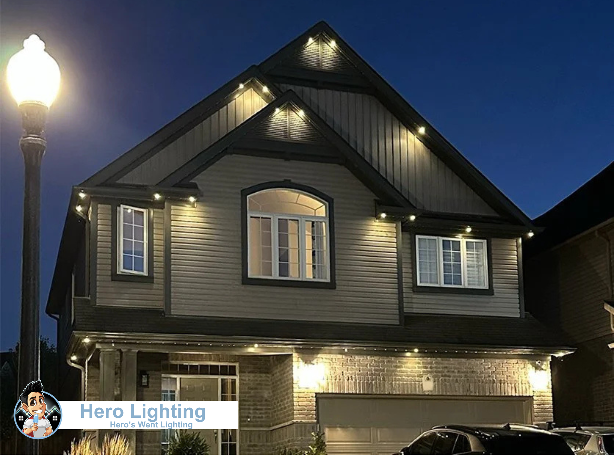 House lighting ideas — permanent LED roofline lighting at night