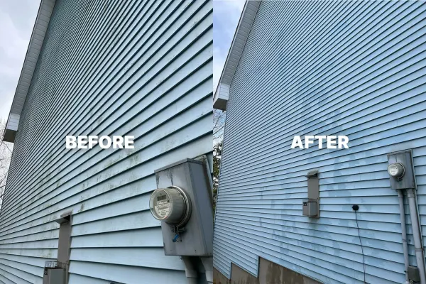 Blue vinyl siding before and after a house wash