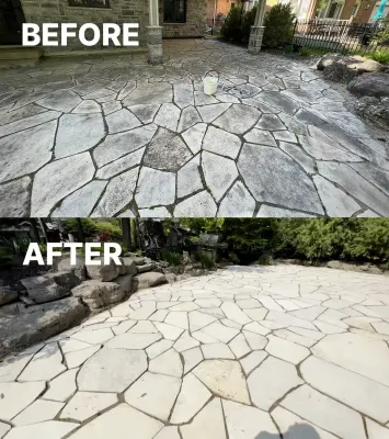 Stone patio before and after pressure washing