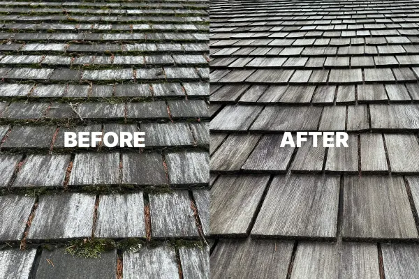 Cedar shake roof before and after a roof wash