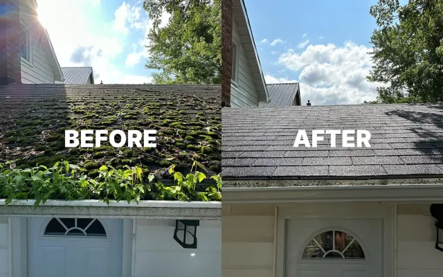 Mossy roof before and after a roof wash